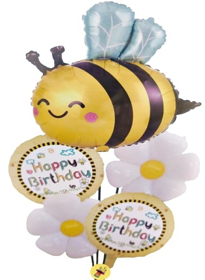 Atpata Funky Bee Theme Happy Birthday Foil Balloons - Bee Theme Party Decorations Set with 32x26 Inch Bee Balloon, 20x16 Inch Flower Balloons, 18 Inch Round Happy Birthday Balloons (5 pcs) - Image 1